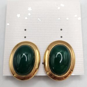 Vintage Francesca Romano Earrings Clip On Gold Tone Green Oval 1"